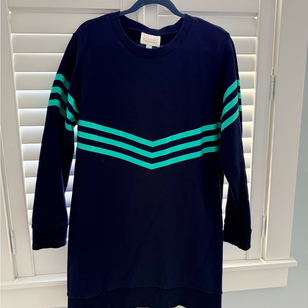 Sale to Sable Navy Sweatshirt Dress with Green Chevron Stripes